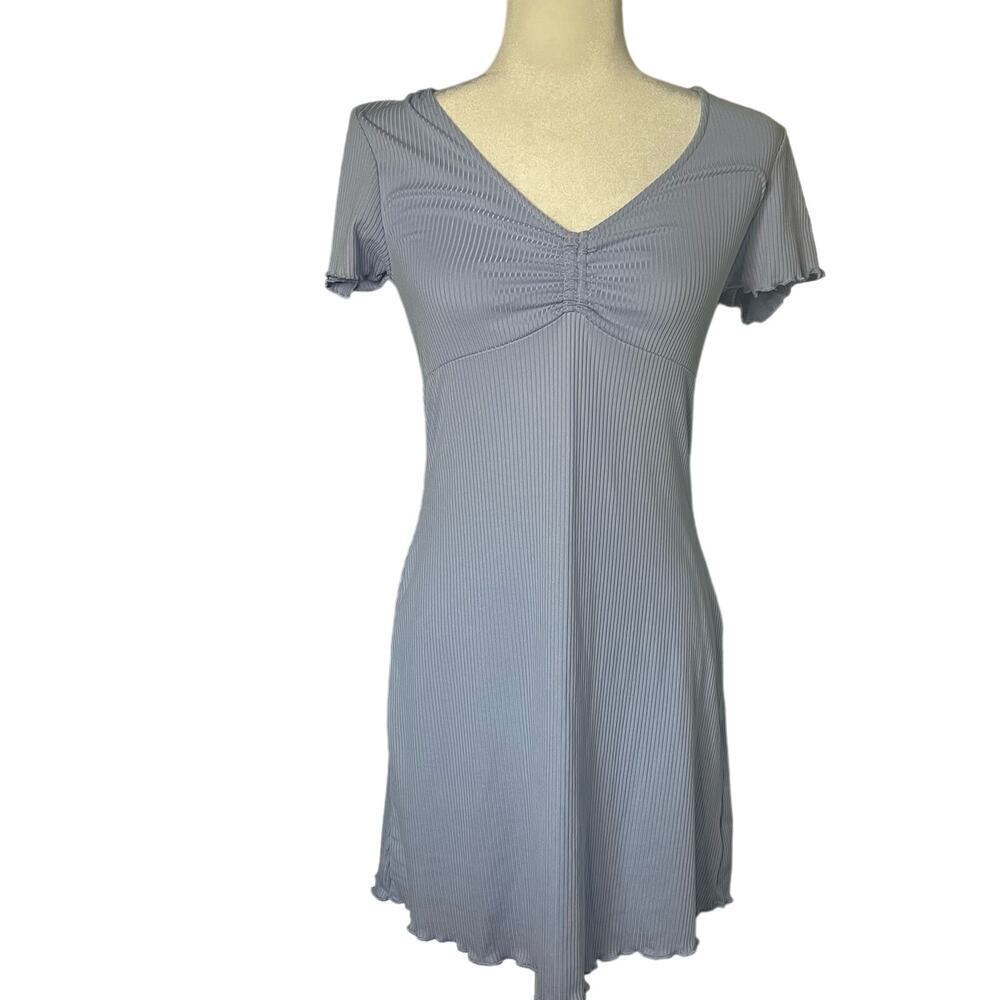 Pink Rose Woman's Light Blue Ribbed Cinched Front Short Sleeve Mini Dress-Size M